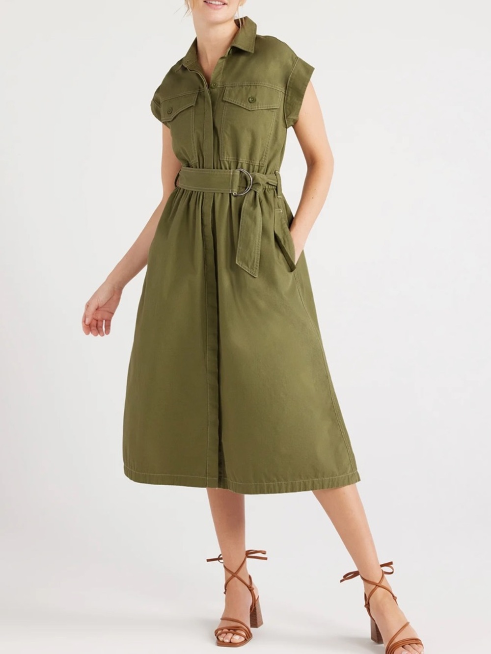 Free Assembly cotton button front belted utility midi dress in green size XXL